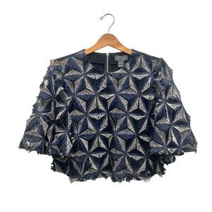 GRACIA Sequin Beaded Pinwheel Motifs Bell Sleeve Crop Top Blue Black Grey